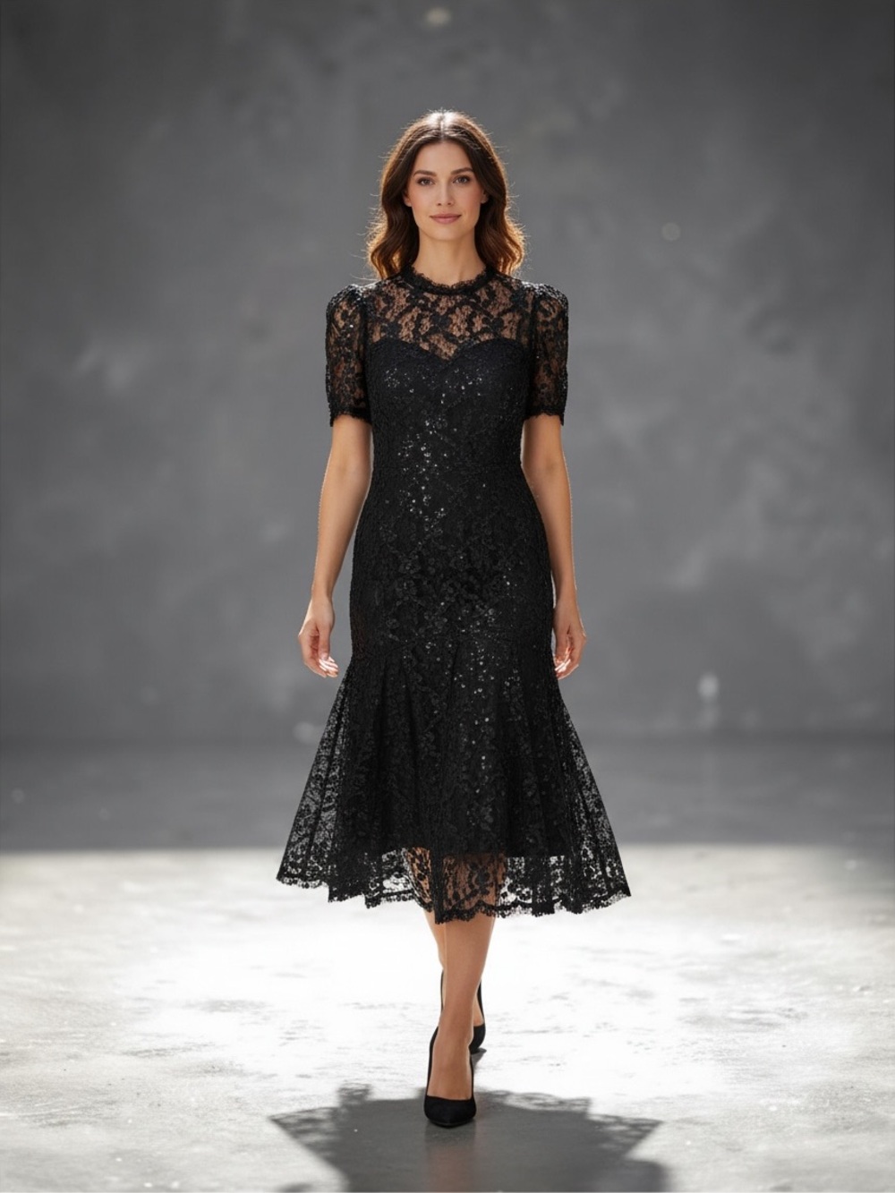 HW Collections Elegant Black Lace and Sequin Evening Dress, Size 8